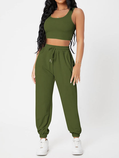 Wide Strap Top and Drawstring Joggers Set Bottom wear