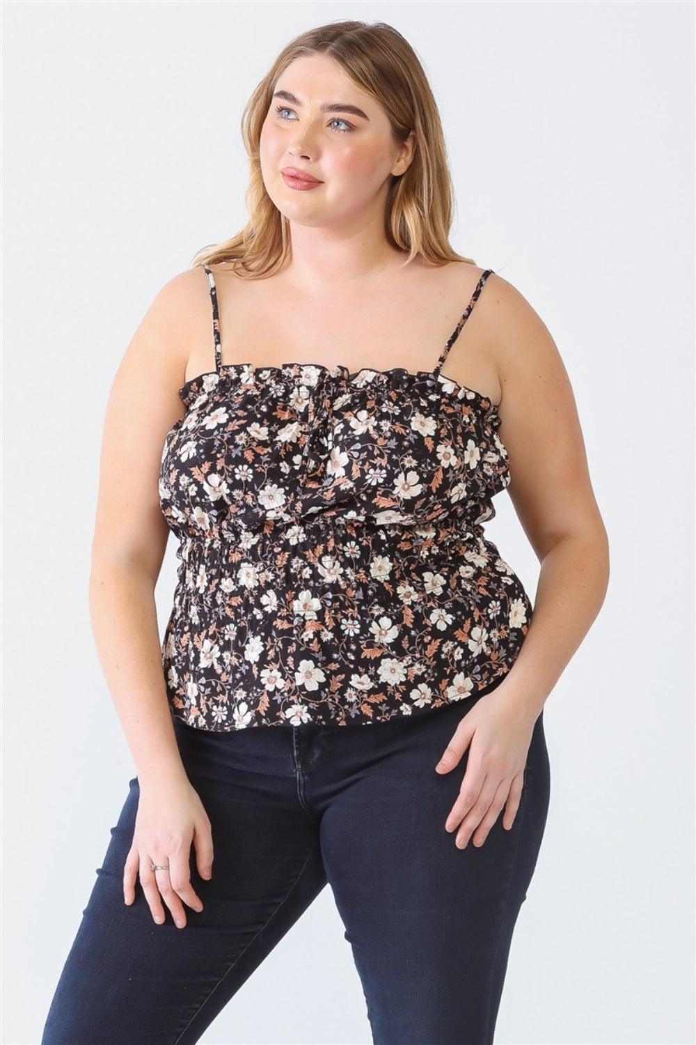 Zenobia Plus Size Frill Floral Square Neck Cami Dresses & Tops