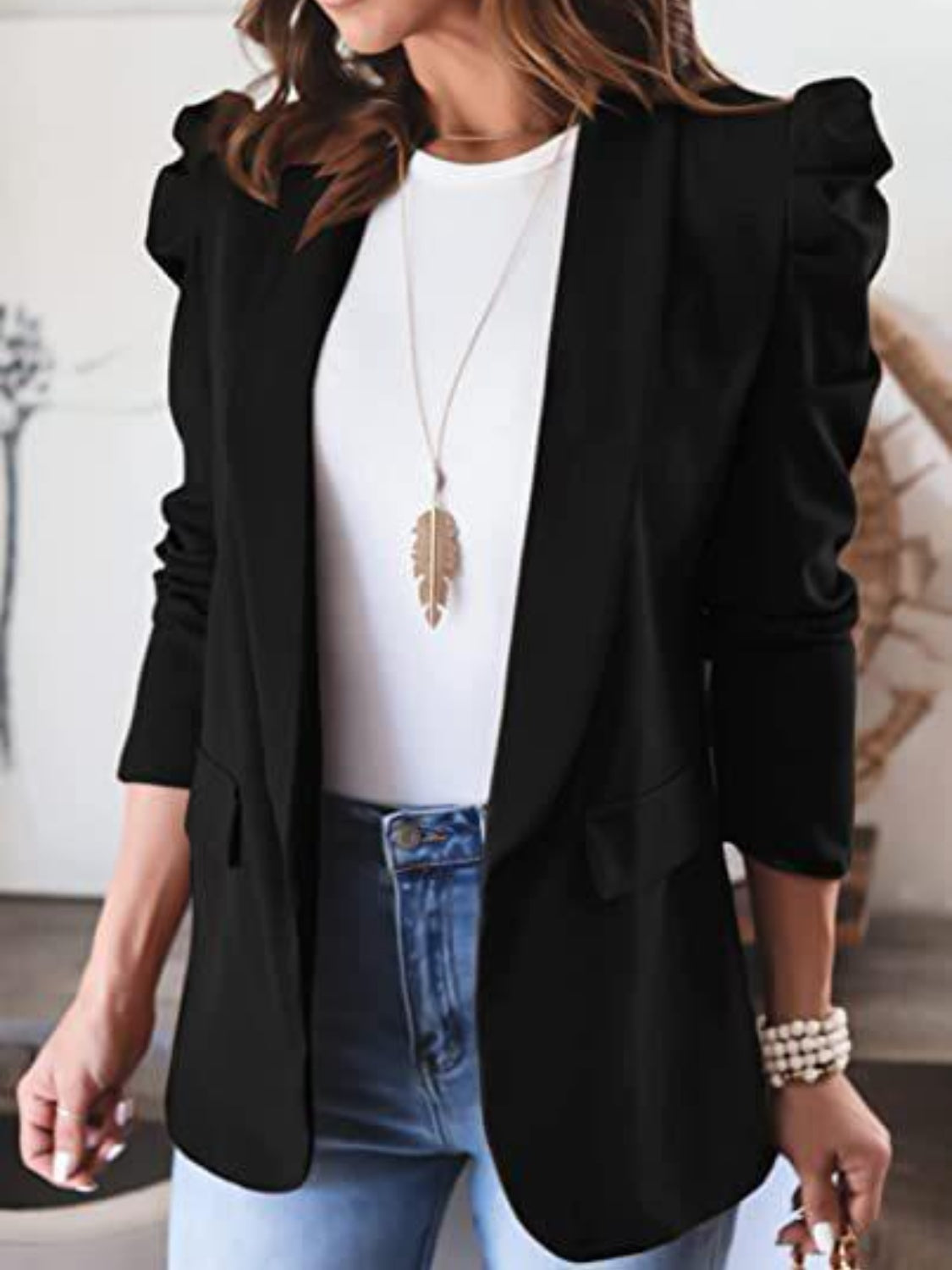 Collared Neck Puff Sleeve Blazer Dresses & Tops