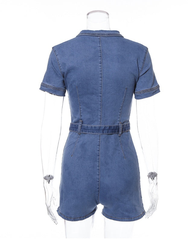 Fashion street beat deep V zipper belt pocket slim denim jumpsuit apparel & accessories