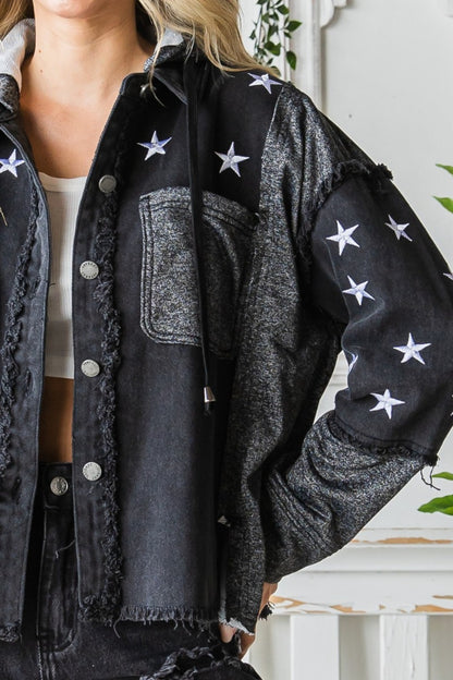 Veveret Star Embroidered Hooded Denim Jacket apparel & accessories