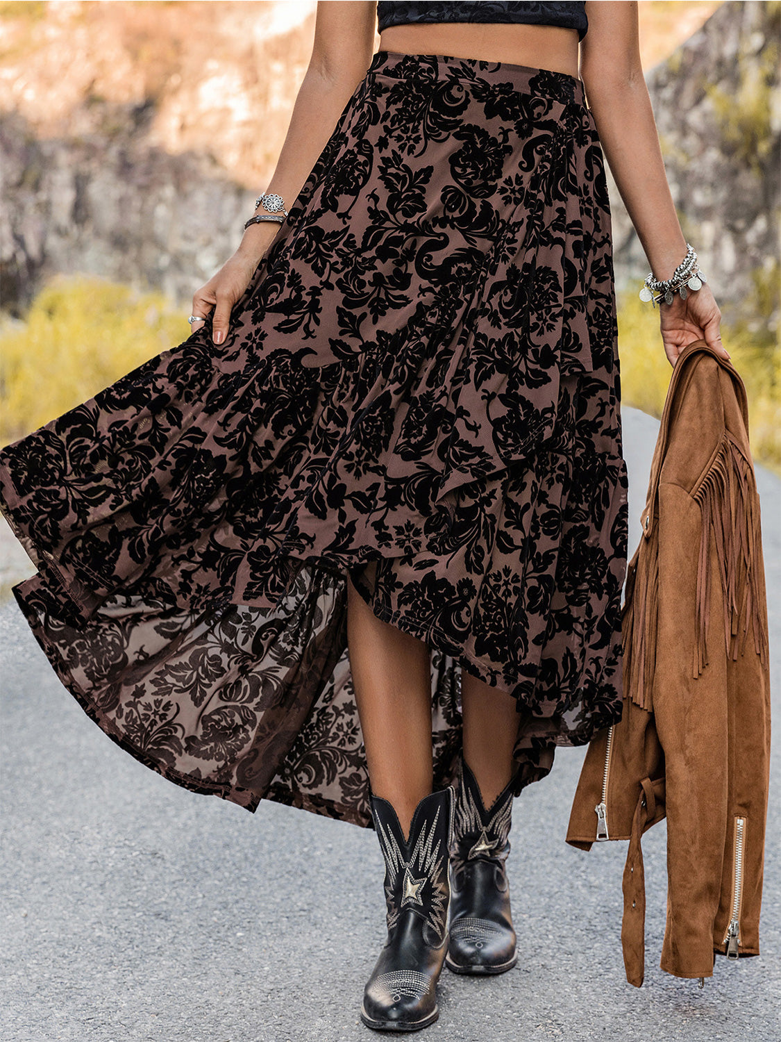 Printed Ruffled Midi Skirt apparel & accessories