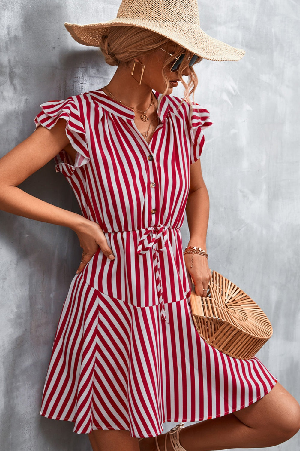 Ruffled Striped Cap Sleeve Mini Dress Dresses & Tops