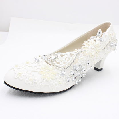 White High-heeled Wedding Shoes Lace Rhinestone Bridal Shoes & Bags