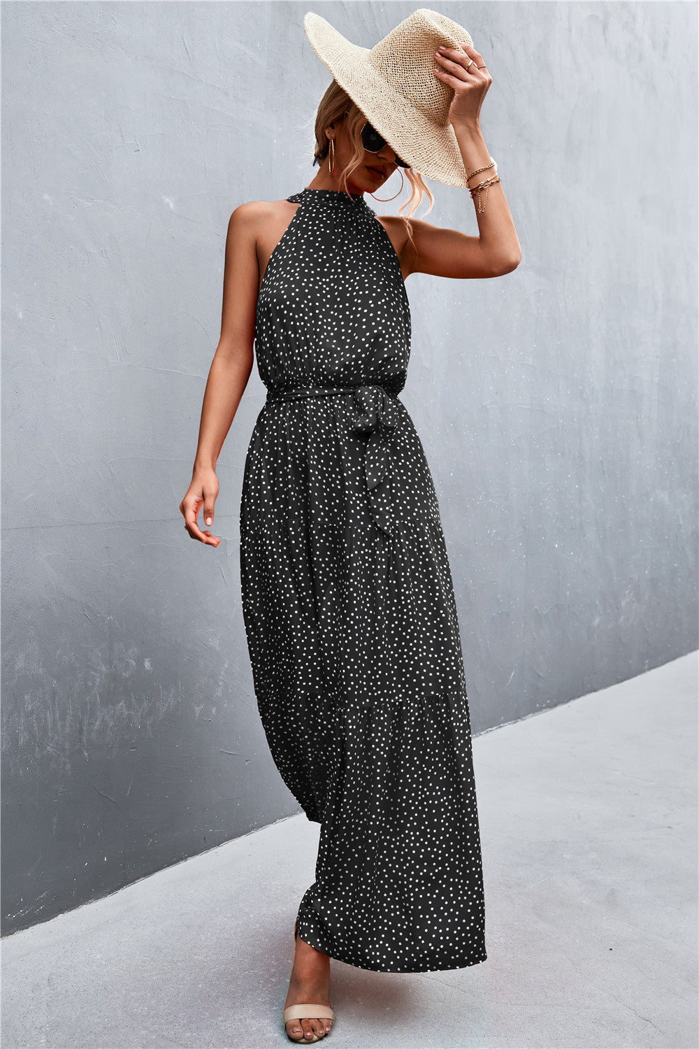 Printed Sleeveless Tie Waist Maxi Dress apparel & accessories