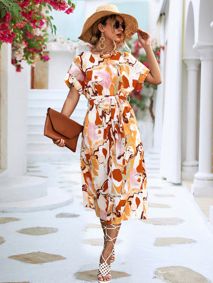 Summer Print Short-sleeved Dress Summer Loose Lace-up A-line Long Dresses Fashion Casual Holiday Beach Dress For Womens Clothing apparels & accessories