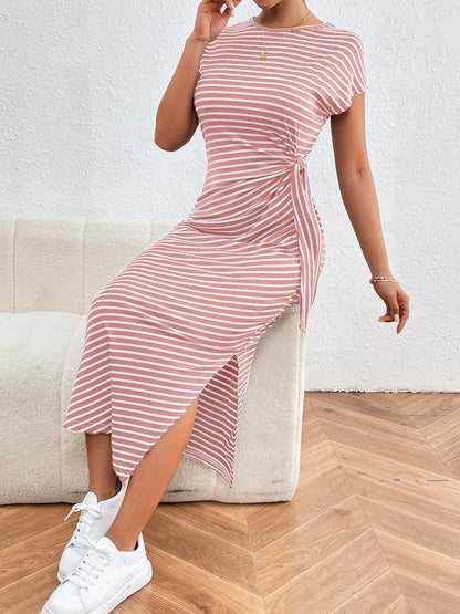 Tied Striped Round Neck Short Sleeve Tee Dress Dresses & Tops