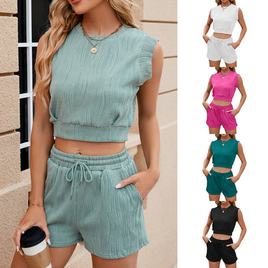 Solid Color Wave Pattern Design Suit For Women Casual Round Neck Sleeveless Top And Drawstring Design Shorts Fashion 2-piece Set Summer Clothing apparel & accessories