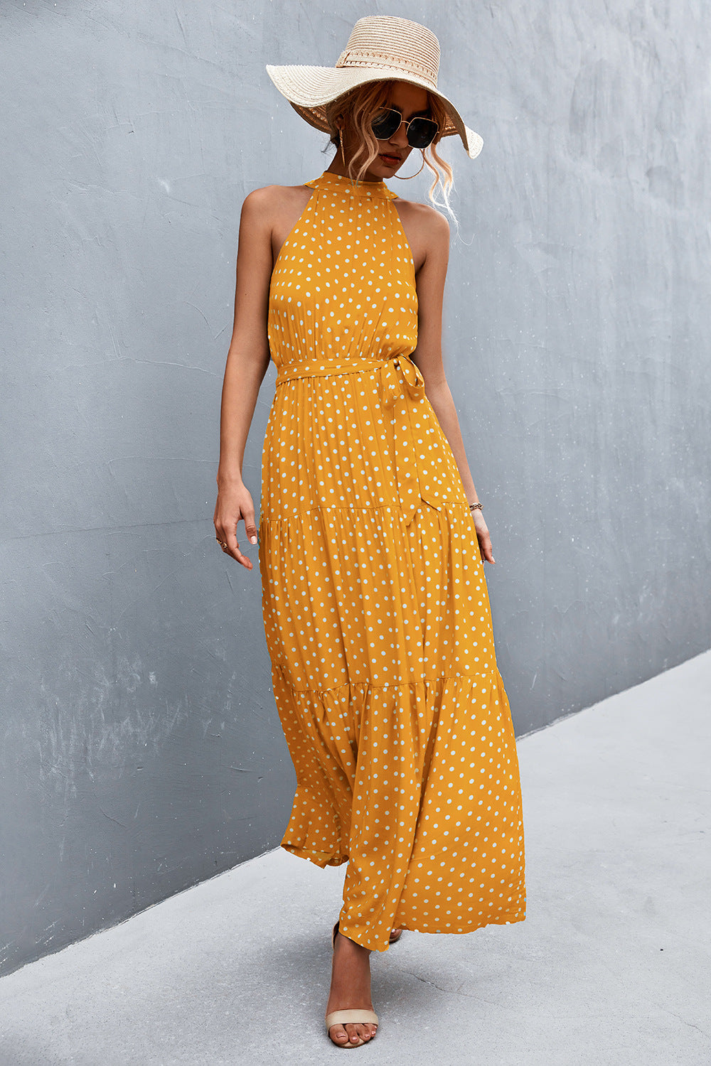 Printed Sleeveless Tie Waist Maxi Dress apparel & accessories