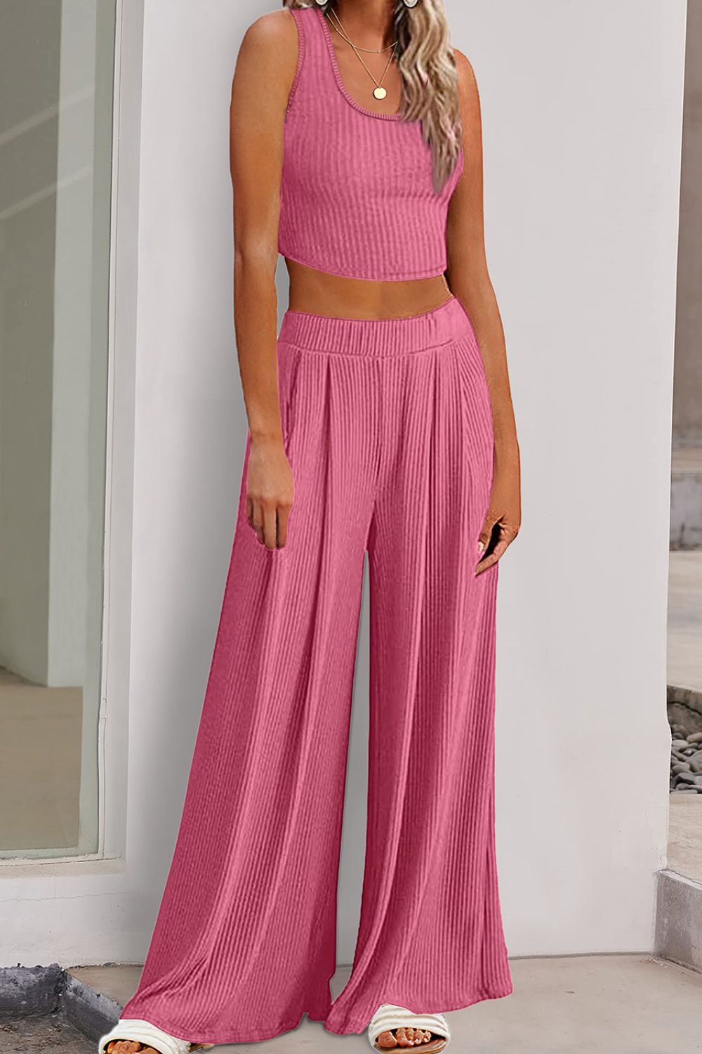 Scoop Neck Top and Wide Leg Pants Set Bottom wear