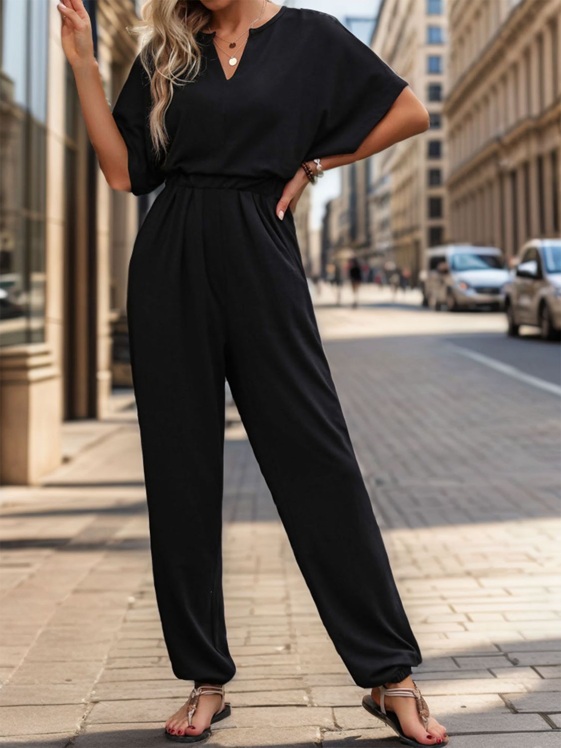 Notched Half Sleeve Straight Jumpsuit Bottom wear