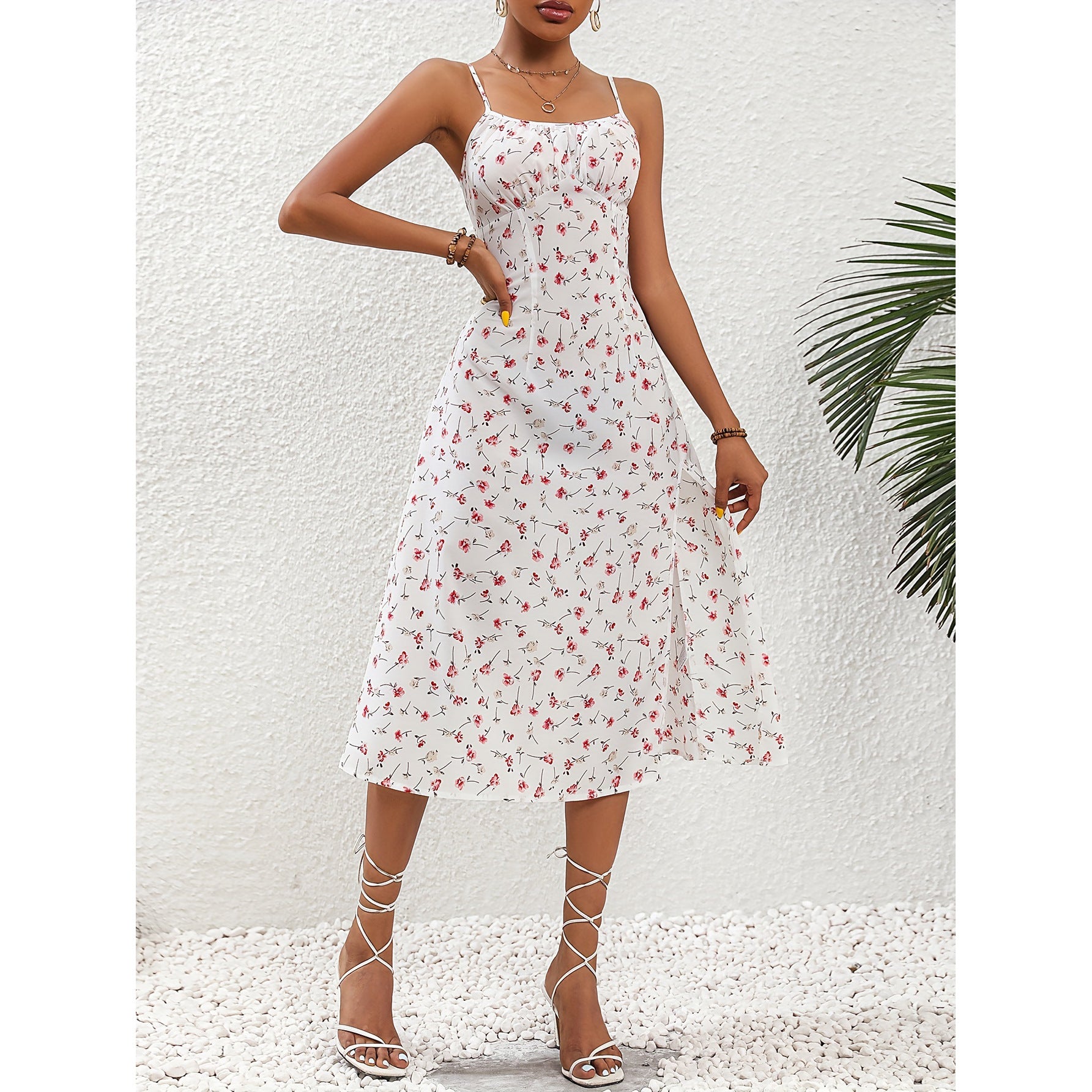 Polka Dot Print Suspender Dress Summer Sexy Slit Long Dresses For Womens Clothing apparel & accessories