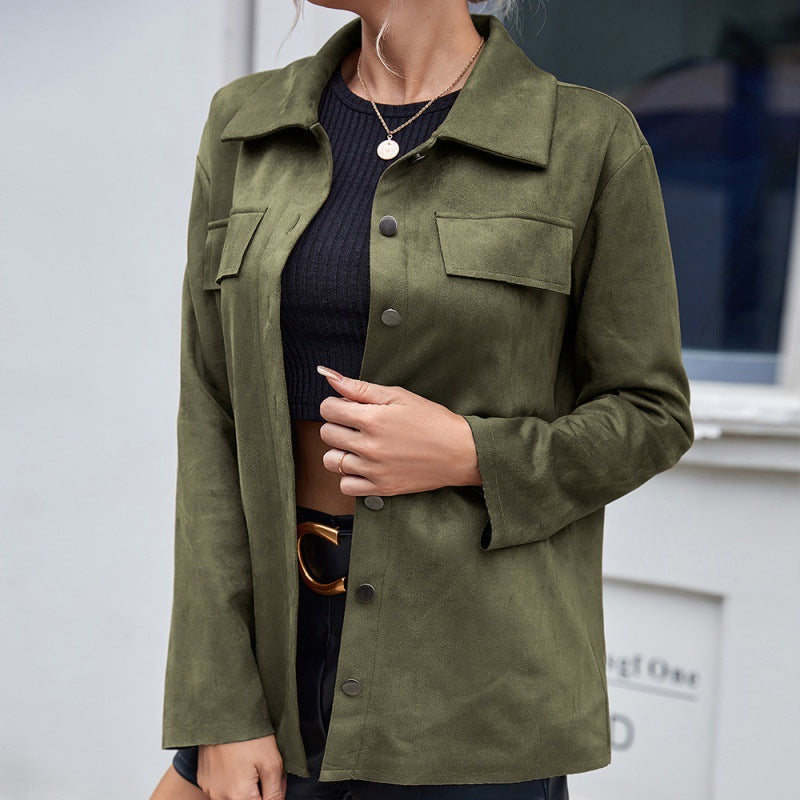 Casual Simple Single Breasted Pocket Shirt Deerskin Long Sleeve Shirt Jacket apparels & accessories