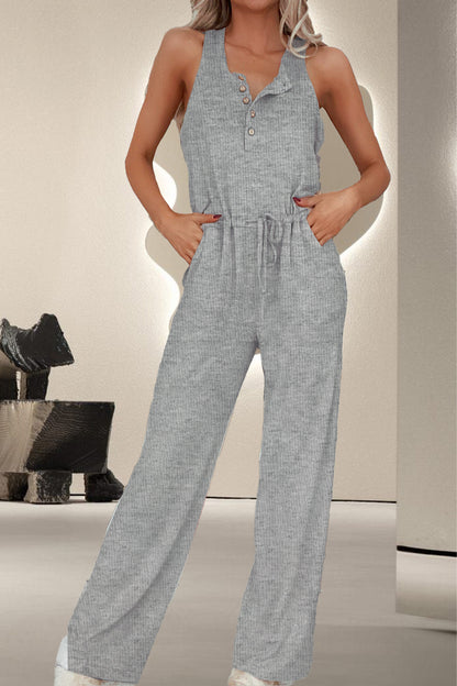 Drawstring Quarter Button Wide Strap Jumpsuit apparel & accessories