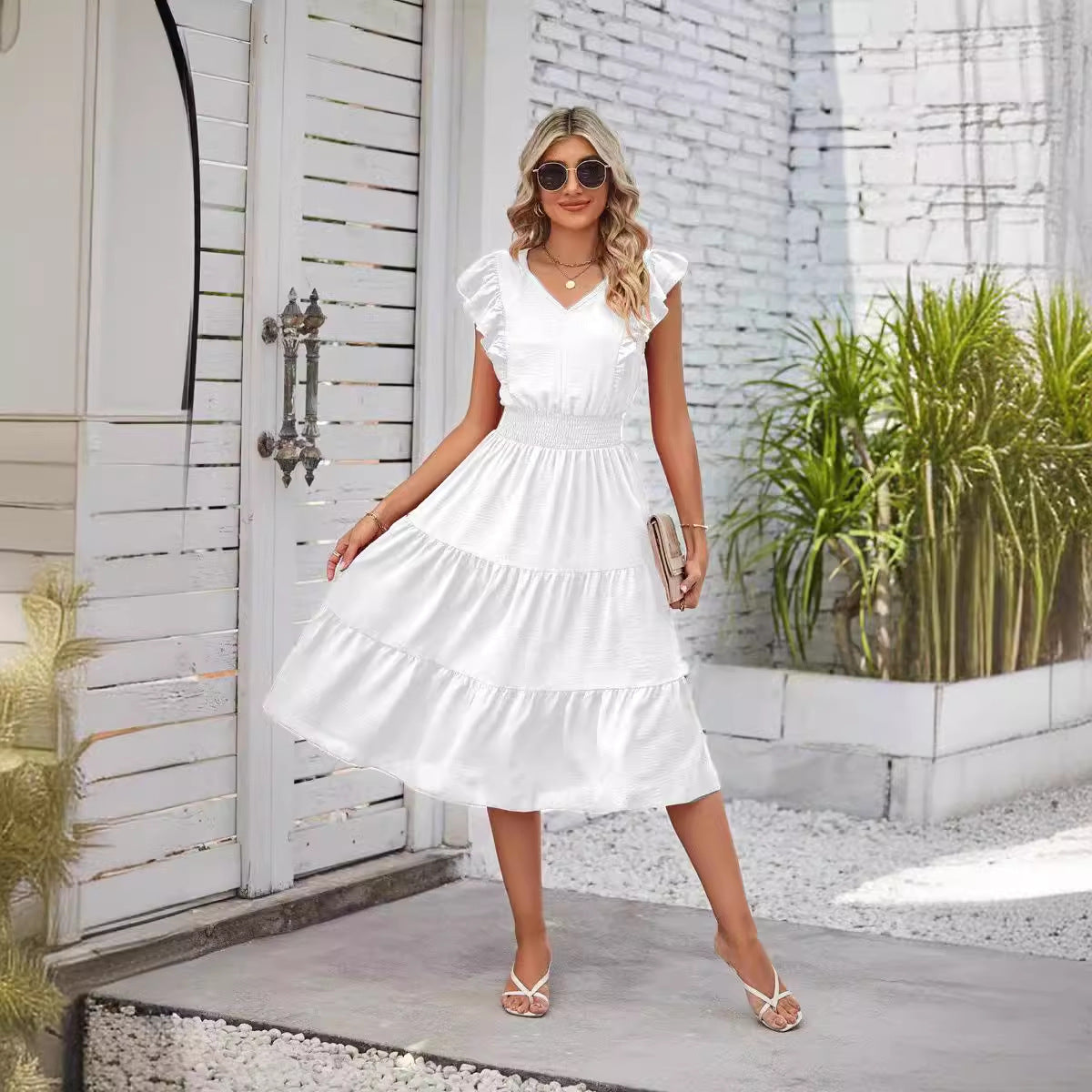 Ruffled Sleeveless V-Neck Dress Summer Fashion Elastic Waist A-Line Dresses For Womens Clothing apparels & accessories
