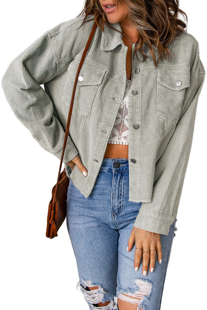 Double Take Raw Hem Button Down Corduroy Jacket with Pockets apparel & accessories