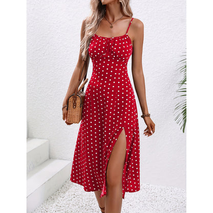 Polka Dot Print Suspender Dress Summer Sexy Slit Long Dresses For Womens Clothing apparel & accessories