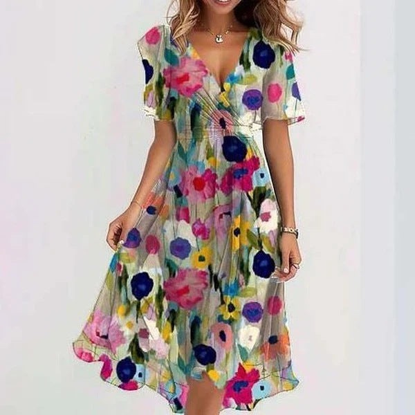 Chiffon Printed Short Sleeve Dress Summer Elegant V-neck Dresses Womens Clothing apparels & accessories