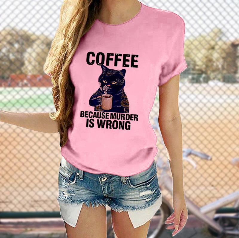 Cat Cute Print T-shirt Round Neck Short Sleeve Top apparel & accessories