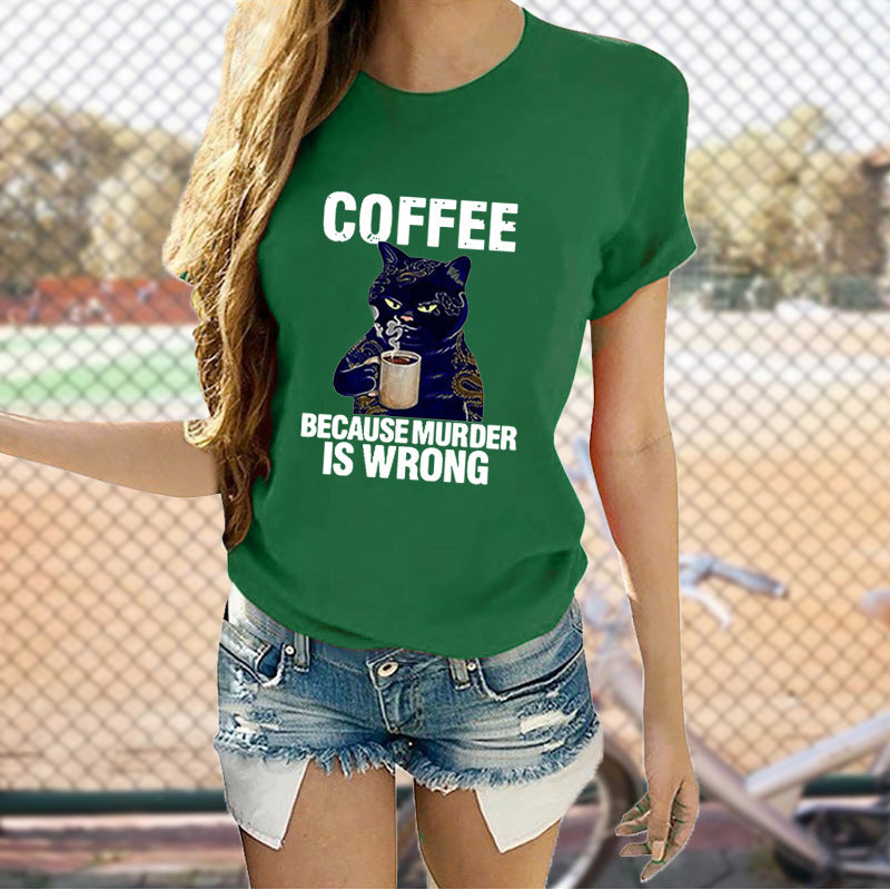 Cat Cute Print T-shirt Round Neck Short Sleeve Top apparel & accessories