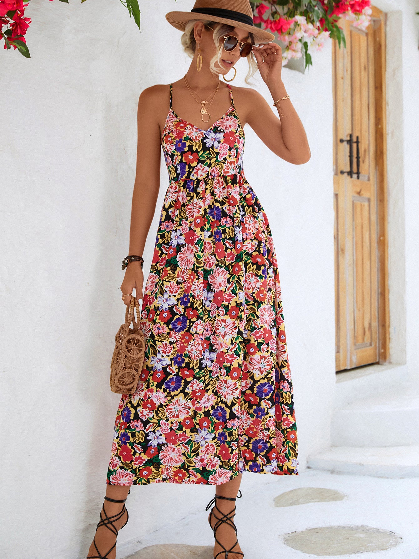 Floral Crisscross Backless Split Dress apparel & accessories