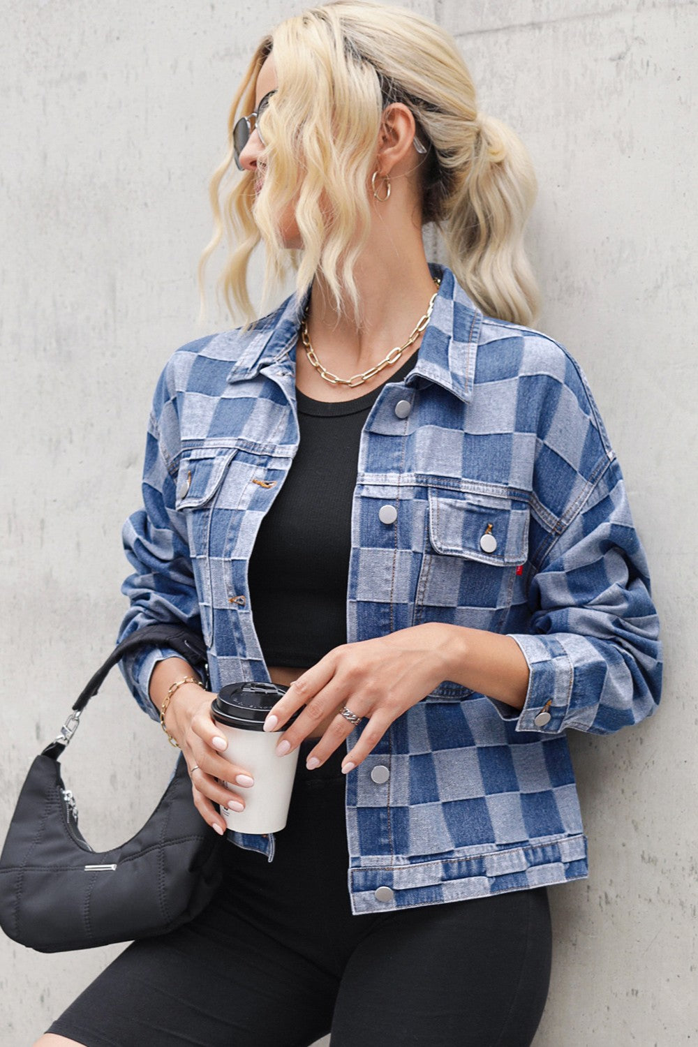 Checkered Button Up Long Sleeve Denim Jacket Dresses & Tops