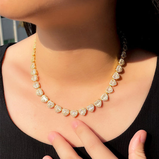 Cuban Heart-shaped Zircon Hip Hop Full Diamond Peach Heart Stitching Necklace Jewelry