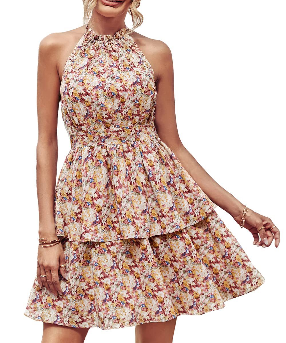 Printed Halter Backless Ruffled A-Line Beach Dress apparels & accessories