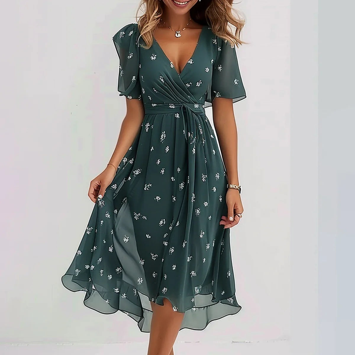 Chiffon Printed Short Sleeve Dress Summer Elegant V-neck Dresses Womens Clothing apparels & accessories