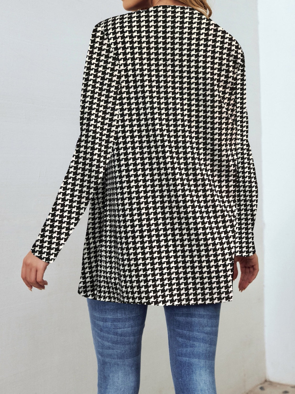 Houndstooth Open Front Long Sleeve Jacket Dresses & Tops