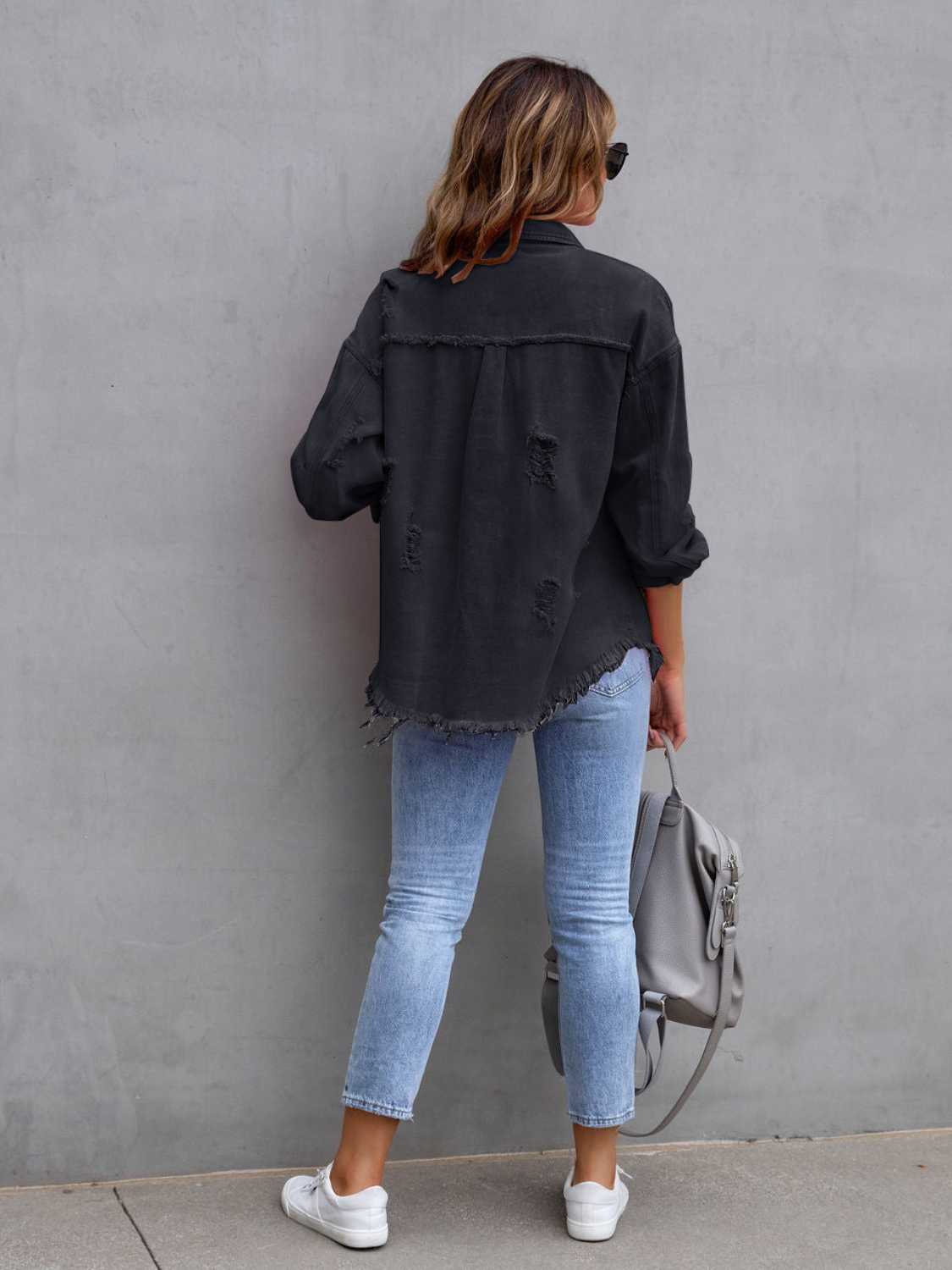 Distressed Drop Shoulder Denim Jacket apparel & accessories