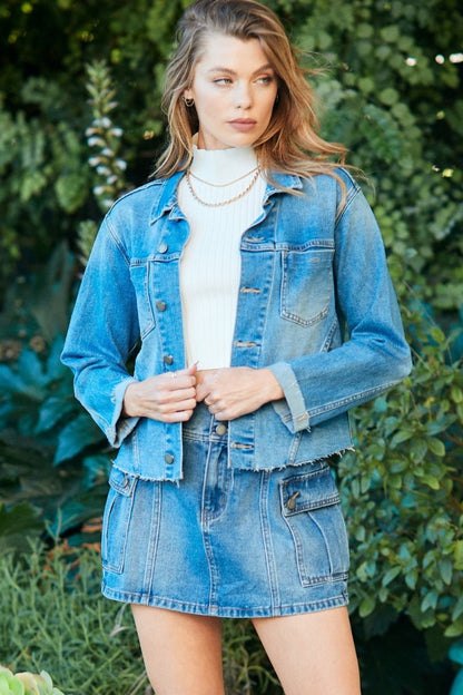 Veveret Button Up Raw Hem Denim Jacket Dresses & Tops