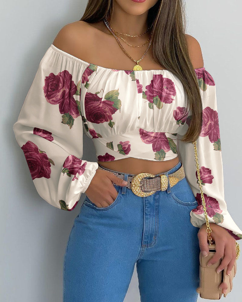 Women's Printed Off-the-Shoulder One-Neck Balloon Sleeve Top apparel & accessories