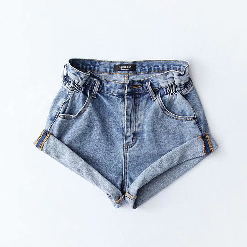 Fashion Five-color Elastic Waist Rolled Edge Denim Shorts shorts