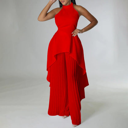 Fashion Casual Set Summer Socialite Private Wear Backless Top Pleated Wide-leg Trousers apparel & accessories