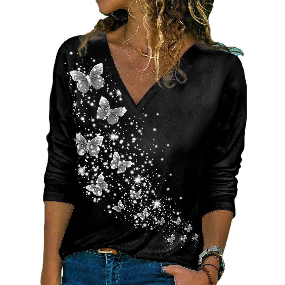 3D Butterfly Print Long Sleeve V-neck Loose Top apparel & accessories