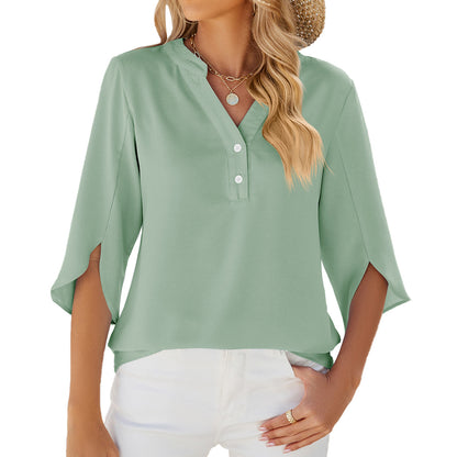 Button V-neck Mid-sleeve Chiffon Shirt Solid Color Top Womens Clothing apparel & accessories