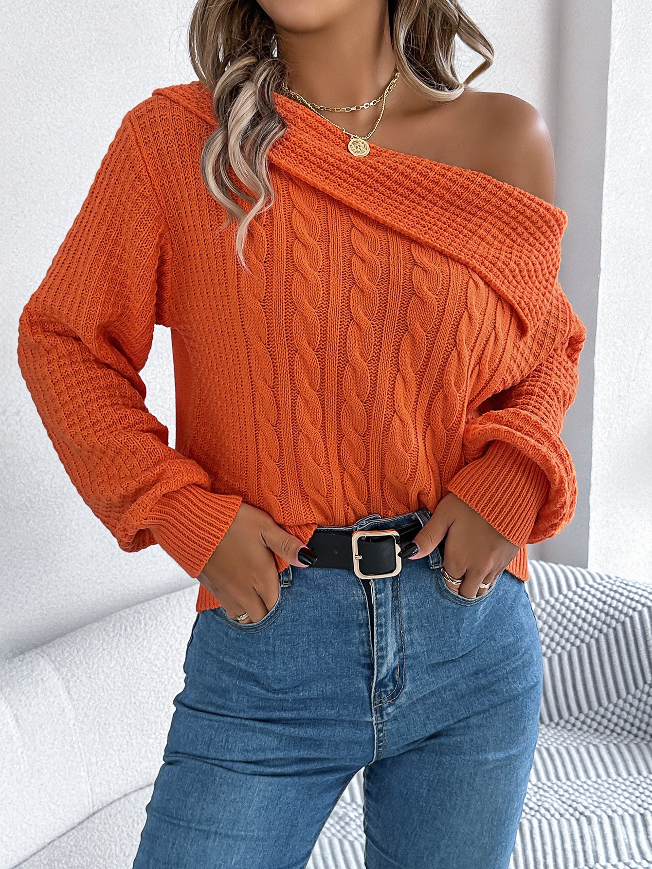 Off-the-shoulder Twist Long Sleeve Pullover apparels & accessories