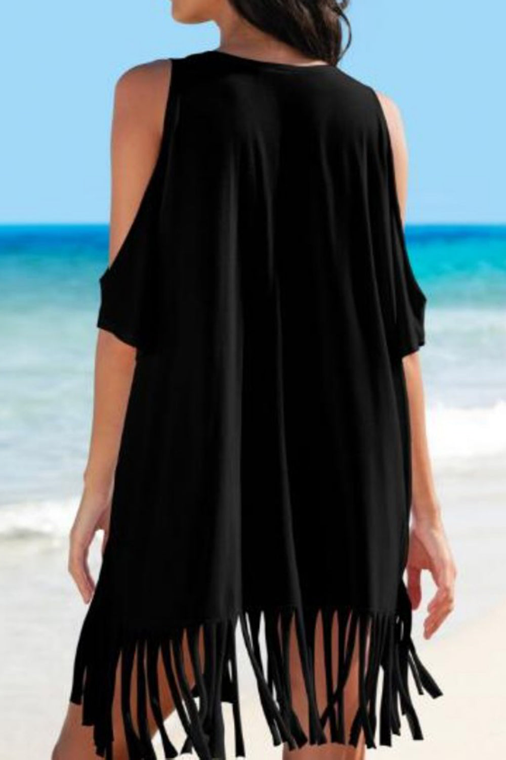 Fringe V-Neck Cold Shoulder Cover Up apparel & accessories