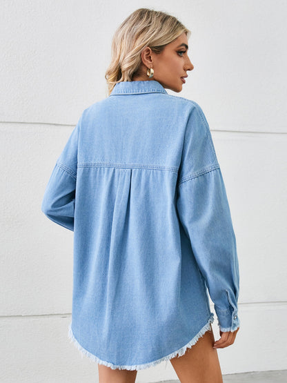 Distressed Raw Hem Dropped Shoulder Denim Jacket Dresses & Tops