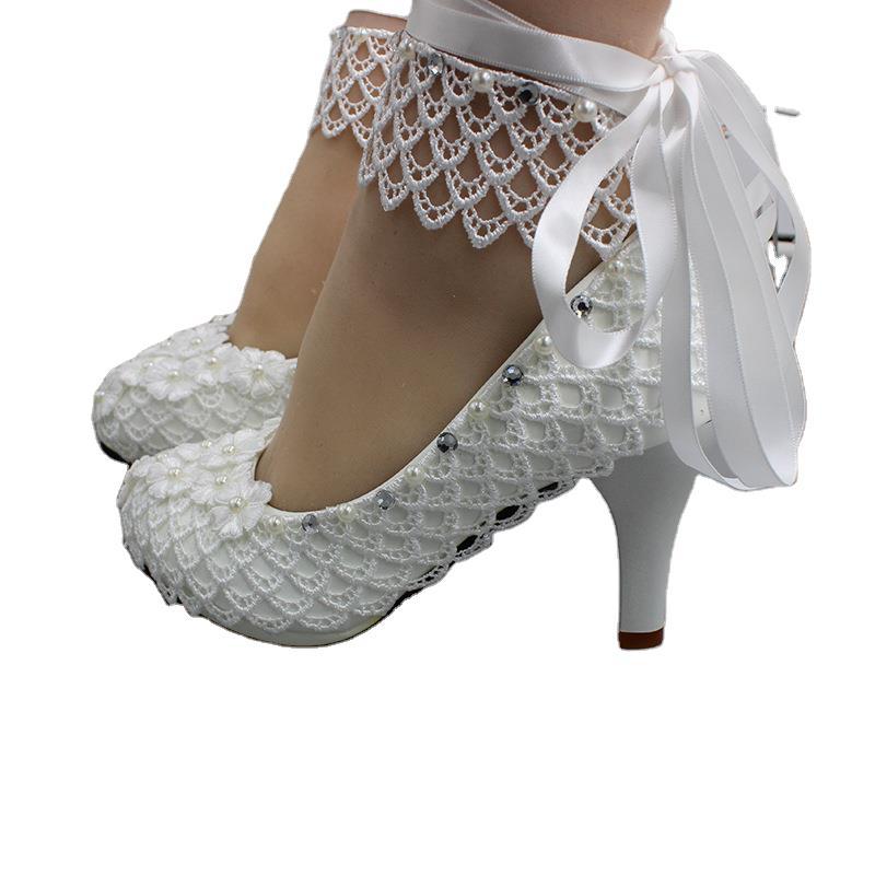 Lace-up White Wedding Dress Plus Size High Heel Women's Shoes Shoes & Bags