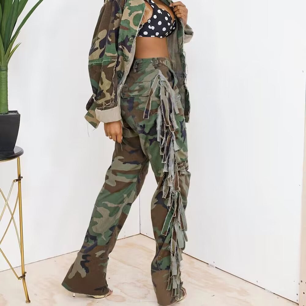 Women's Fashion Camouflage On Side Tassel Large Pocket Button Trousers apparel & accessories