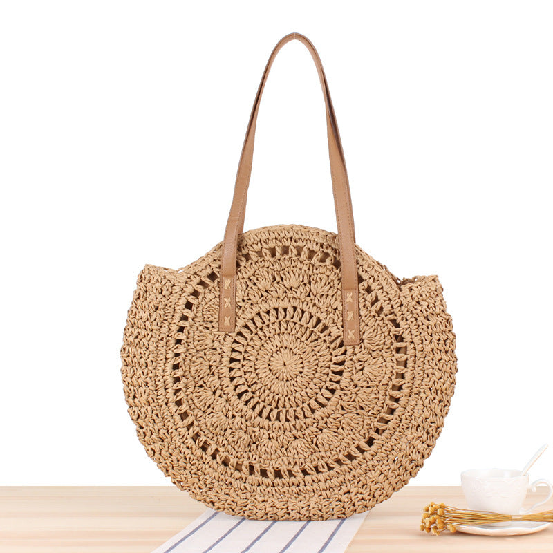 Simple Round Shoulder Bag Straw Handbag Summer Beach Bags apparel & accessories