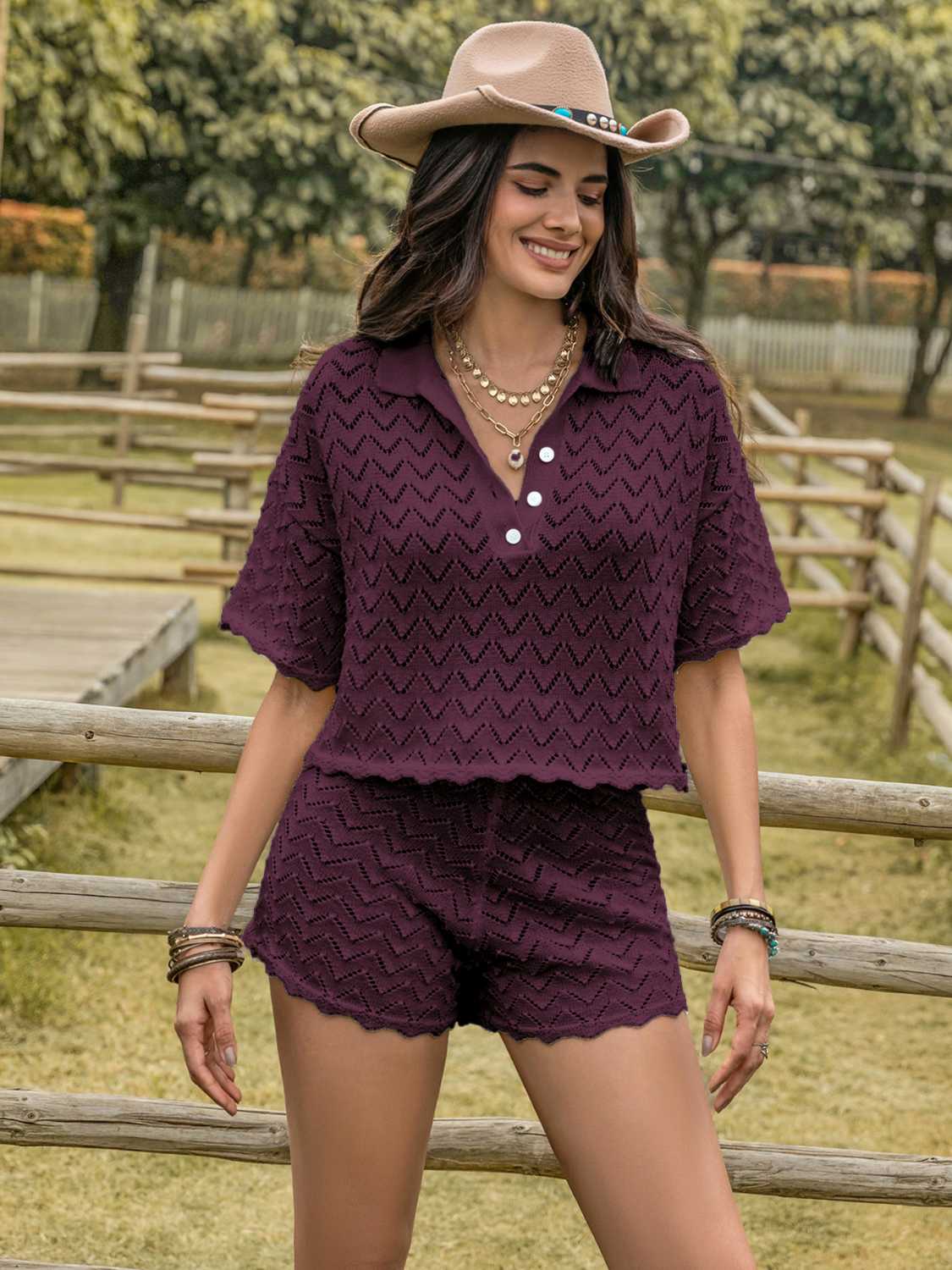 Eyelet Collared Neck Short Sleeve Top and Shorts Set Bottom wear