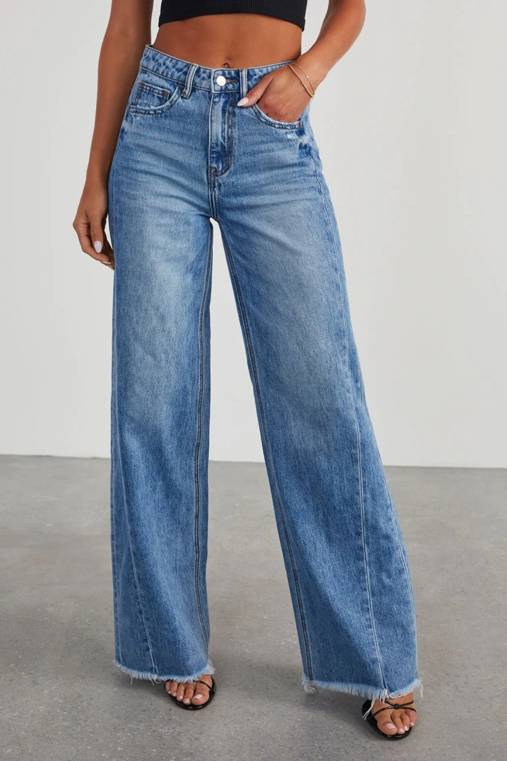 Raw Hem Wide Leg Jeans with Pockets apparel & accessories