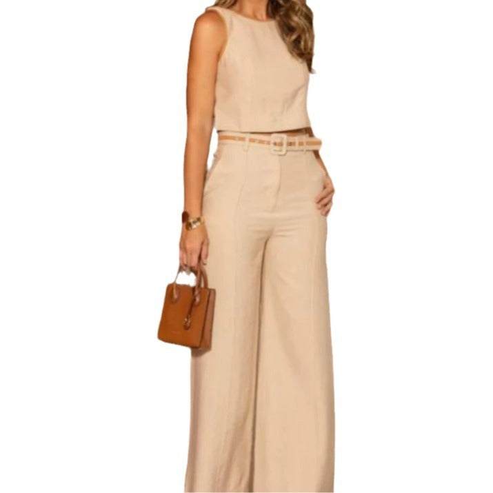 Solid Color Round Neck Sleeveless Short High Waist Wide Leg Pants Suit apparel & accessories