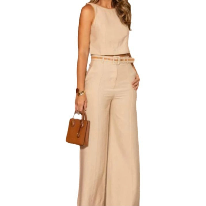 Solid Color Round Neck High Waist Wide Leg Pants Suit apparel & accessories