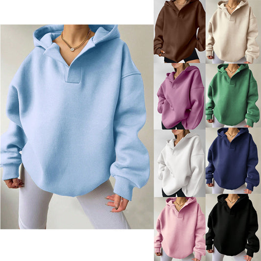 Women's Solid Color Hoodies Long Sleeve Hooded Solid Color Loose Sweater apparels & accessories