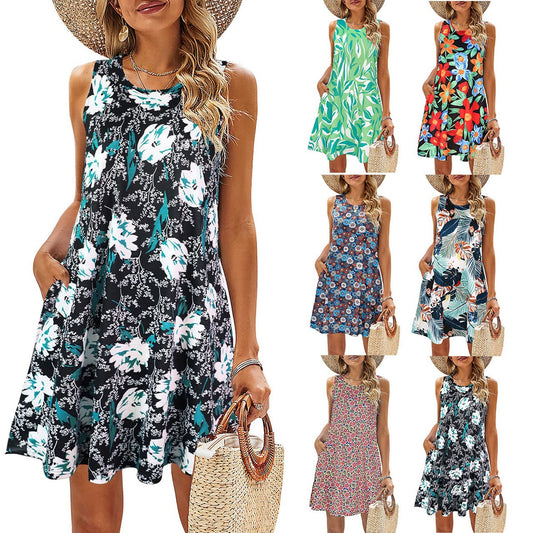 Printed Vest Pocket Dress Women apparels & accessories