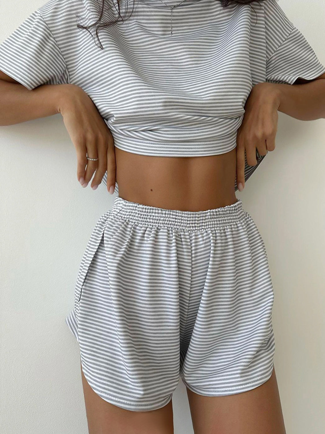 Striped Round Neck Top and Shorts Set Bottom wear